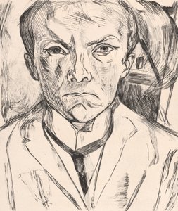 Selvportræt forfra med husgavl i baggrunden af Max Beckmann