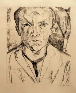Selvportræt forfra, husgavl i baggrunden af Max Beckmann