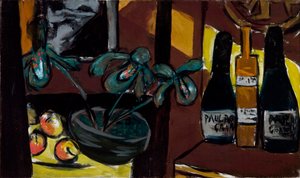 Stilleben på brunt og gult (champagneflasker og orkideer) af Max Beckmann