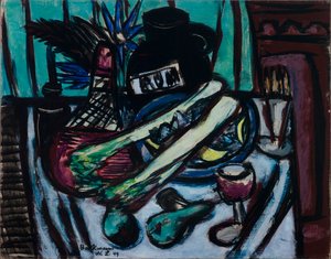Stilleben med Chianti-flaske og selleri af Max Beckmann