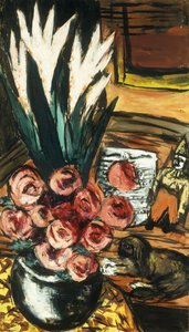 Stilleben med røde roser og Butchy; Stillben mit Roten Rosen und Butchy af Max Beckmann