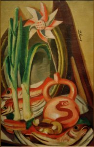 Stilleben med fisk og papirblomst af Max Beckmann