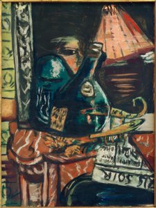 Stilleben med skråtstående flaske og Buddha af Max Beckmann