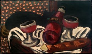 Stilleben med vinglas og en kat af Max Beckmann