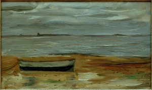 Strand med en grå båd og gråt hav af Max Beckmann