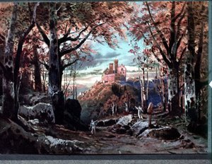 Dekor til "" Tannhauser", opera af Richard Wagner. Scenografi af Bruckner