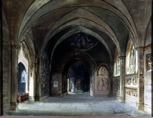 Dekoration til "" Die Meistersinger"" eller "" Les maitres singteurs de Nuremberg"", opera af Richard Wagner. Scenografi af Bruckner, Akt I. Wagner Museum Bayreuth.