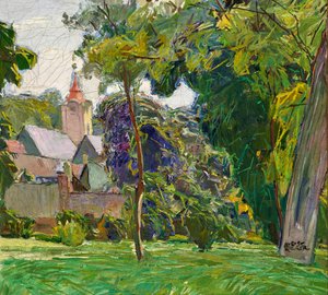 August Rieger parklandskab med kirke af Max Kahrer
