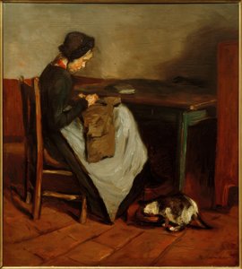 Sypige med kat - hollandsk interiør af Max Liebermann