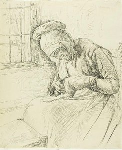 Gammel kvinde reparerer ved vinduet af Max Liebermann