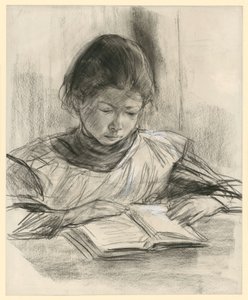 Portræt af kunstnerens datter. Brystbillede set forfra, mens hun sidder ved bordet og læser af Max Liebermann
