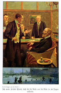 Phileas Fogg tager væddemålet i Reform Club om, at han kan rejse jorden rundt på 80 dage, illustration fra en udgave udgivet i Berlin