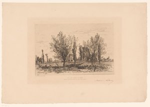 Landskab med eng og udsigt over en by Dans les champs de Cenon. (titel på objekt) af Maxime François Antoine Lalanne (signed by artist)