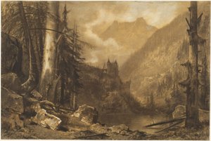 Alpeslot over en skovklædt sø, ca. 1870 (kul på papir)
