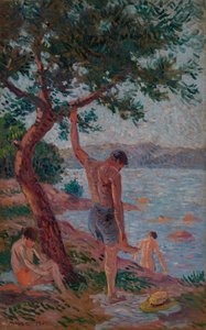Saint-Tropez, badende under fyrreskoven af Maximilien Luce