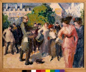 Gadebillede. En tigger med en drejelire spiller i en have i Paris. Maleri af Maximilien Luce (1858-1941). Olie på lærred. Privat samling