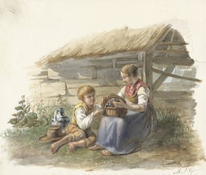 Pige og dreng med en kurv med unge fugle af Maximilienne Guyon