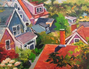 Farverige tagrygge i landsbyen af Maxine Shore
