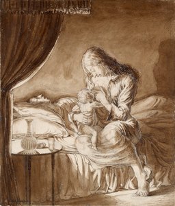 Natscene - Kvinde fodrer sit barn, c1900-tallet af Maxwell Gordon Lightfoot