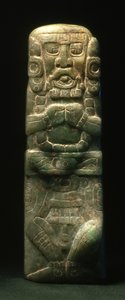 Statuette placeret i dedikation ned af Hieroglyphic Stairway, Copan, Late Classic Period (600-900) (jade)