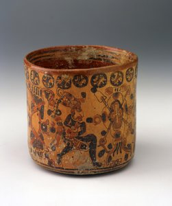 Cylindervase, ca. 650-850 (keramik med rød og sort på orange slipmaling) af Mayan Mayan