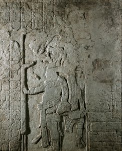 Mayakunst: panel n. 1 fra Maya-stedet El Cayo (mellem 600 og 800), der repræsenterer en karakter omgivet af inskription i hieroglyffer med henvisning til astronomiske beregninger. Privat samling af Mayan Mayan