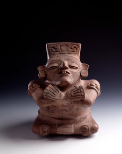 Præcolombiansk kunst, Maya-civilisation, klassisk periode: antropomorf lervase, der viser en siddende karakter, ben og arme krydser ansigtet vender opad. Fra La Lagunita, Quiche, Guatemala Sun. h. 25 x bredde 21,5 cm Guatemala, Museo Nazionale di Archeol