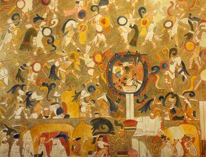 Rekonstruktion af et Maya-maleri fra Chichen Itza (Yucatan, Mexico), der skildrer en kampscene. Maya civilisation.