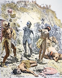 Pueblo-indianernes oprør i 1680 (koloreret stik)