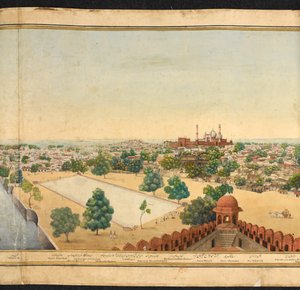 Udsnit af et panorama af Delhi, der viser Jama Masjid af Mazar or Mazhar Ali Khan