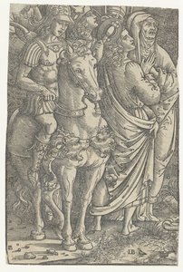 Fragment af en korsfæstelse med Johannes Evangelisten og Maria og soldater af Meester IB met de vogel