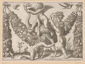 Tre putti og en struds Pavens gobeliner (serietitel) Tapezzerie de Papa (serietitel på objekt)