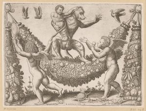 Putti håner en abe Pavens gobeliner (serietitel) Tapezzerie de Papa (serietitel på objekt)
