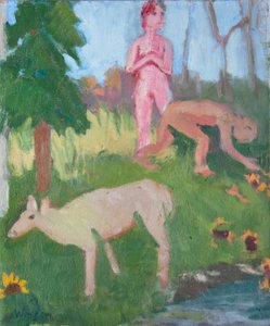 Two Figures with a Female Moose, 2016 (olie på lærred) af Megan Williamson