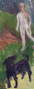 Hvid mand, der gik tur med en sort hund, 2016 (olie på lærred) af Megan Williamson