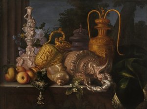 Stilleben, skaller og guldsmed. Maleri af Meiffren Conte (1630-1705). Olie på lærred. Mål: 91x121 cm. Obligatorisk omtale: Collection fondation regards de Provence, Marseille af Meiffren (c.1630 1705) Conte