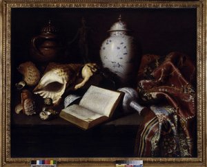 Kina vaser, skaller, antikke bronzer, bøger og tæpper (olie på lærred) af Meiffren (c.1630 1705) Conte