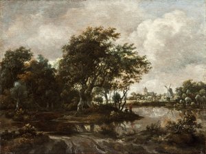 Landskab med lystfiskere og en fjern by af Meindert Hobbema