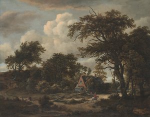 Skovklædt landskab med hytte og rytter, 1663.