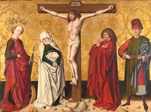 Kristus på korset mellem St. Mary og John, Catherine og Sebastian af Meister von Großgmain