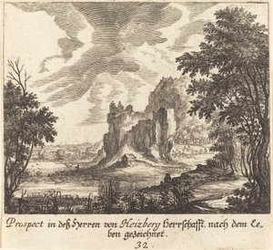 bjergudsigt af Melchior Küsel after Johann Wilhelm Baur