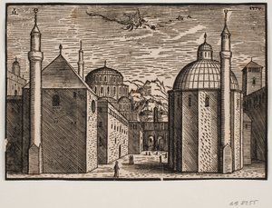 3 moskéer, hver med 1 minaret; i himlen en flyvende drage med lang hale af Melchior Lorck