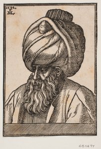 Buste af fuldskægget mand iført turban, 3/4 profil mod venstre af Melchior Lorck