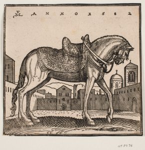 Elegant opsadlet hest, profil mod højre, på en rektangulær plads af Melchior Lorck