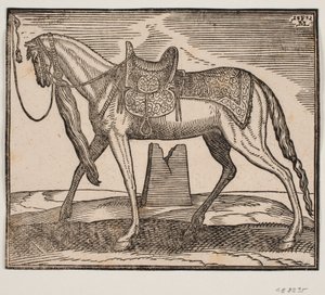 Elegant opsadlet hest, tøjret ved v. indramningslinje, profil mod v.; under hstens bug ses en ruineret
