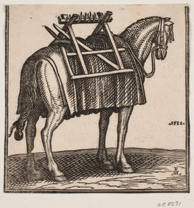 En endnu ubelæsset pakhest med bærestativ på ryggen, set skråt bagfra mod h. af Melchior Lorck