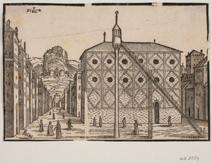 Gade, i forgrunden moské og fritstående minaret af Melchior Lorck