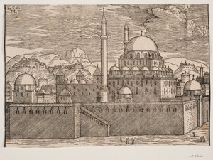 Idealiseret billede af Bayazidiye-moskeen, set fra sydøst af Melchior Lorck