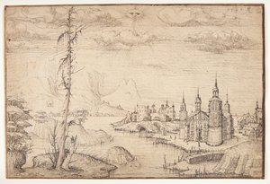 Landskab med en by af Melchior Lorck
