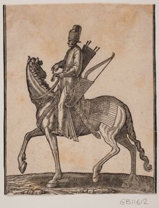Beriden soldat, profil mod højre; han bærer sit sværd og bue ved sin venstre side og koggeret på sin højre side af Melchior Lorck